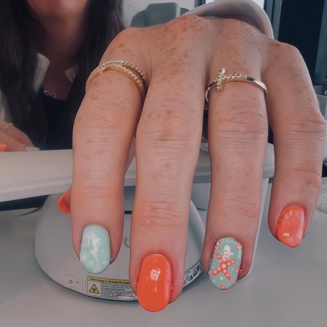 Colorful summer nail set with starfish nail art